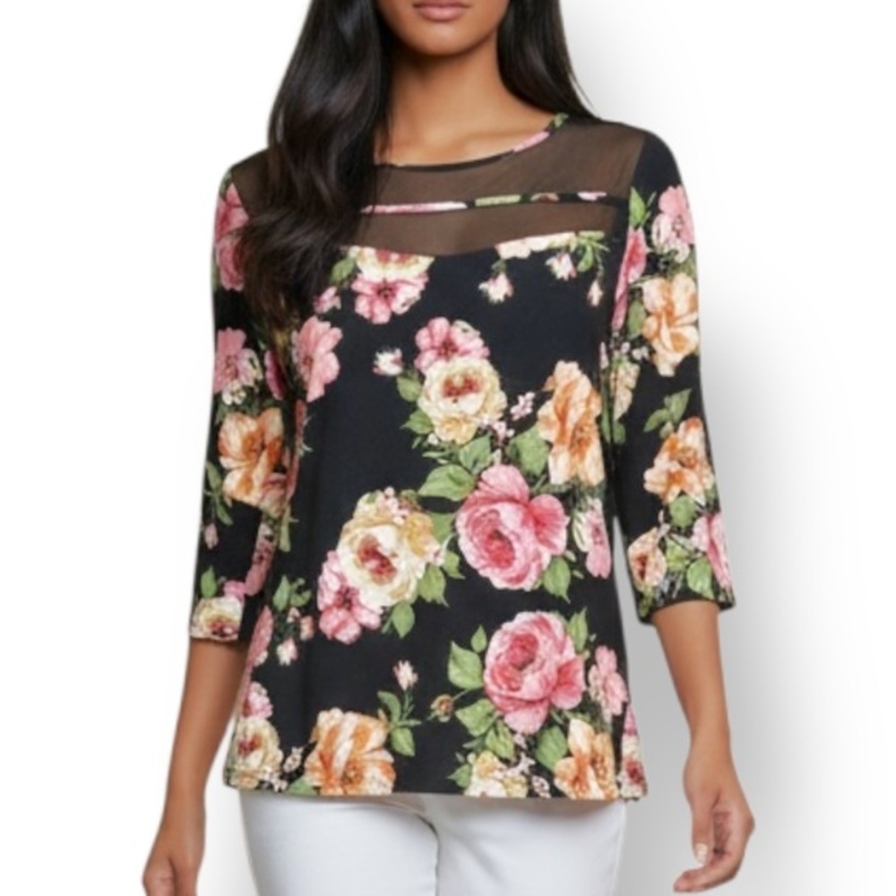 4/$20 Front of Closet Floral Mesh Yoke Long Sleeve Top – Black Pink Rose - Small